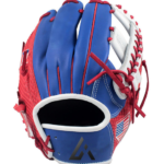 Royal blue red white leather baseball glove with H-web and red lacing
