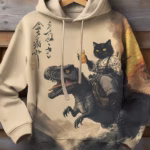 All over sublimated beige hoodie samurai cat riding t-rex japanese ukiyo-e graphic