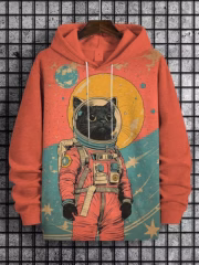 Red unisex astronaut space cat graphic print oversized hoodie with vintage design
