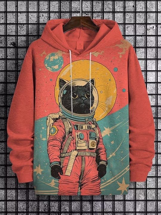 Space Cat Astronaut Graphic Hoodie - Retro Print Red unisex astronaut space cat graphic print oversized hoodie with vintage design