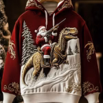 Red funny christmas hoodie with santa riding dinosaur t-rex 3d embroidery