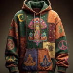 Unisex boho patchwork spiritual hoodie with mushroom peace yoga and mandala graphics