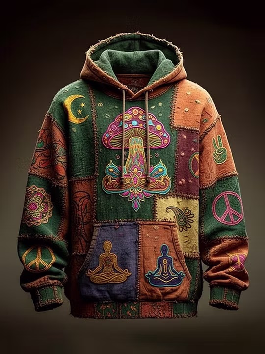 Boho Patchwork Spiritual Mushroom Hoodie Unisex boho patchwork spiritual hoodie with mushroom peace yoga and mandala graphics