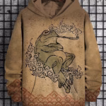 Beige vintage unisex japanese smoking frog graphic hoodie with wave pattern