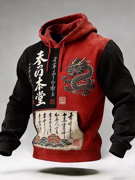 Red black mens japanese dragon embroidery hoodie with kanji and floral patch