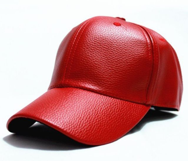 Red pebbled faux leather baseball cap 6 panel structured hat