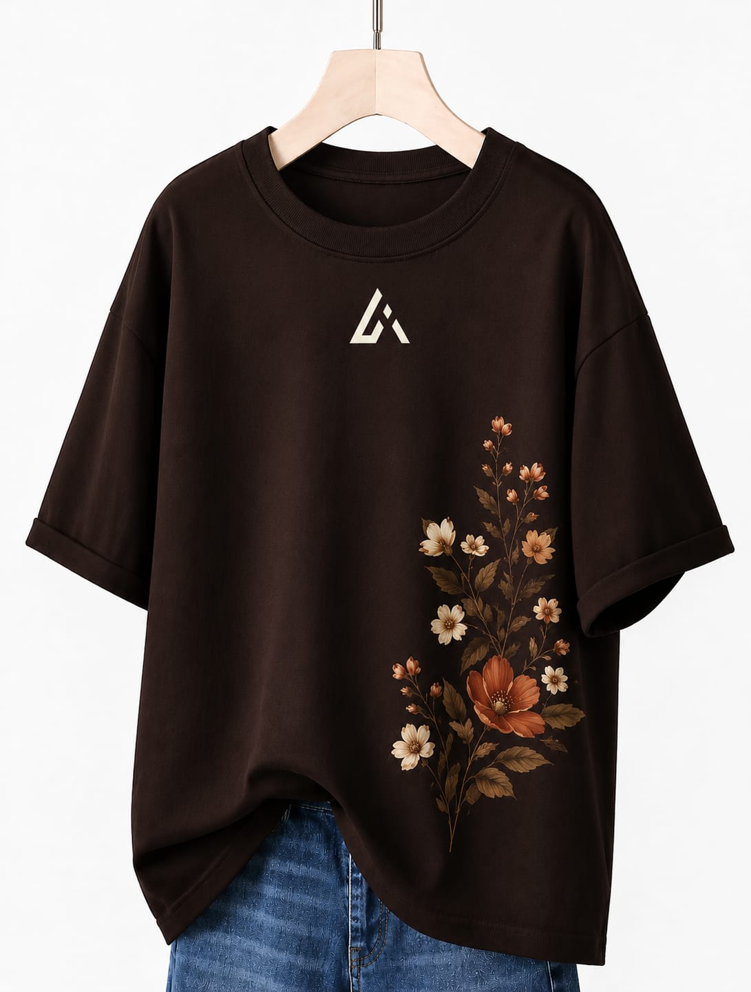 Women's brown oversized floral graphic T-shirt by Athletic Line with elegant botanical print.