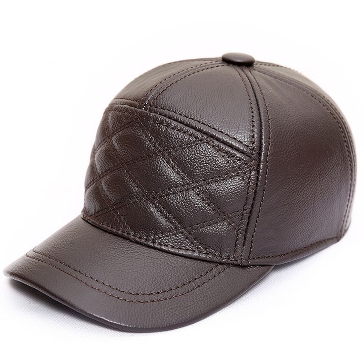 Premium Brown Leather Baseball Cap with Quilted Side Panel
