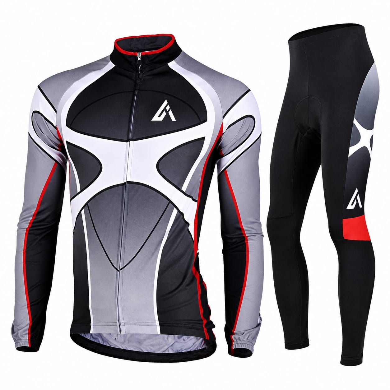 Men's long sleeve pro cycling jersey and padded bib tights set in black, gray, white and red. Aerodynamic road bike kit with full zip jersey and 3D gel chamois tights.