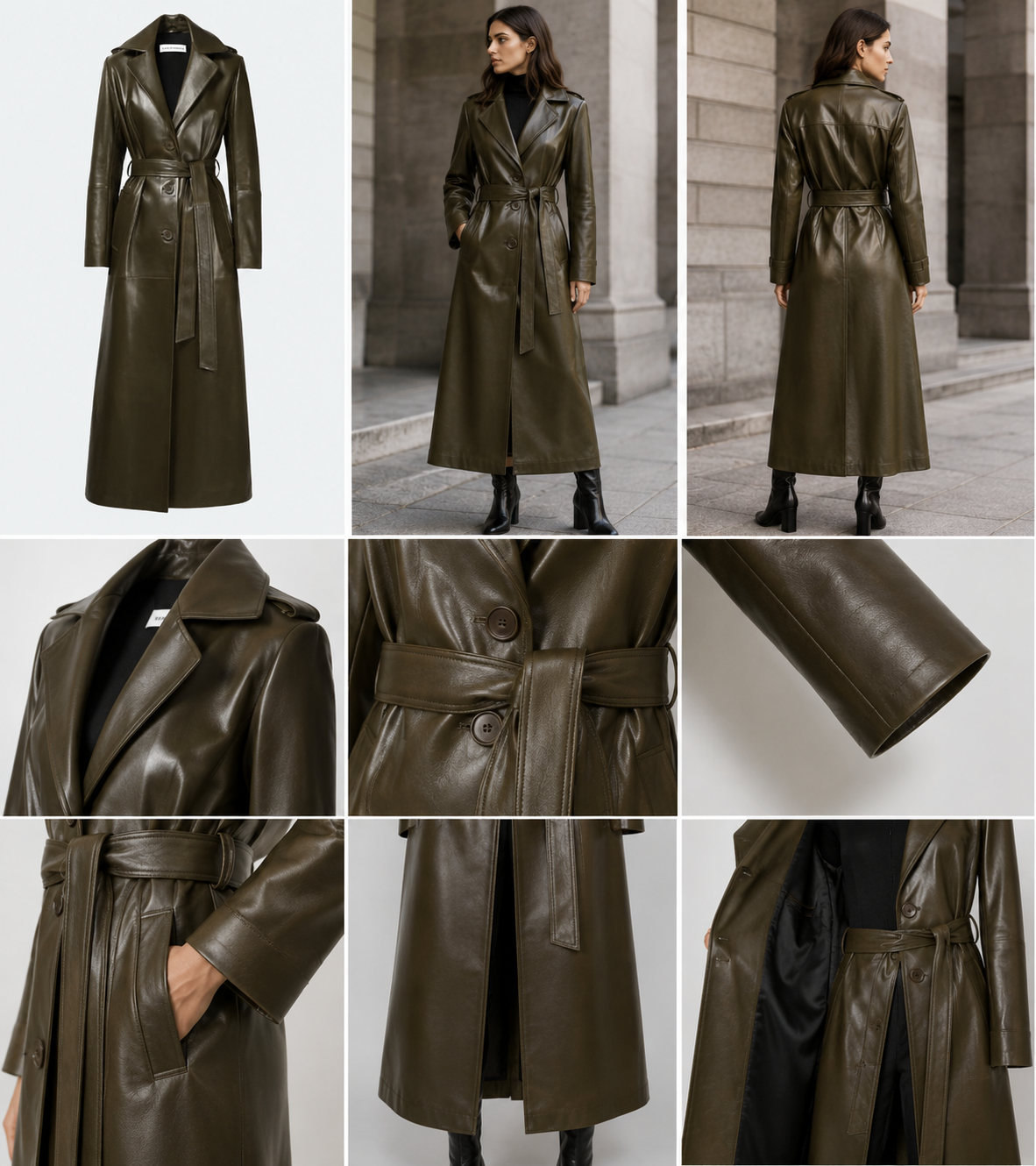 Women's olive green premium leather trench coat by Athletic Line Industries featuring front view, back view, lifestyle styling, belt, pockets, collar, sleeve, and leather detail