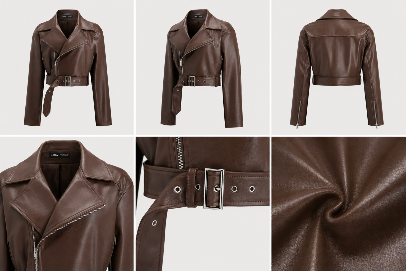Women's Brown Belted Cropped Leather Biker Jacket by Athletic Line Industries
