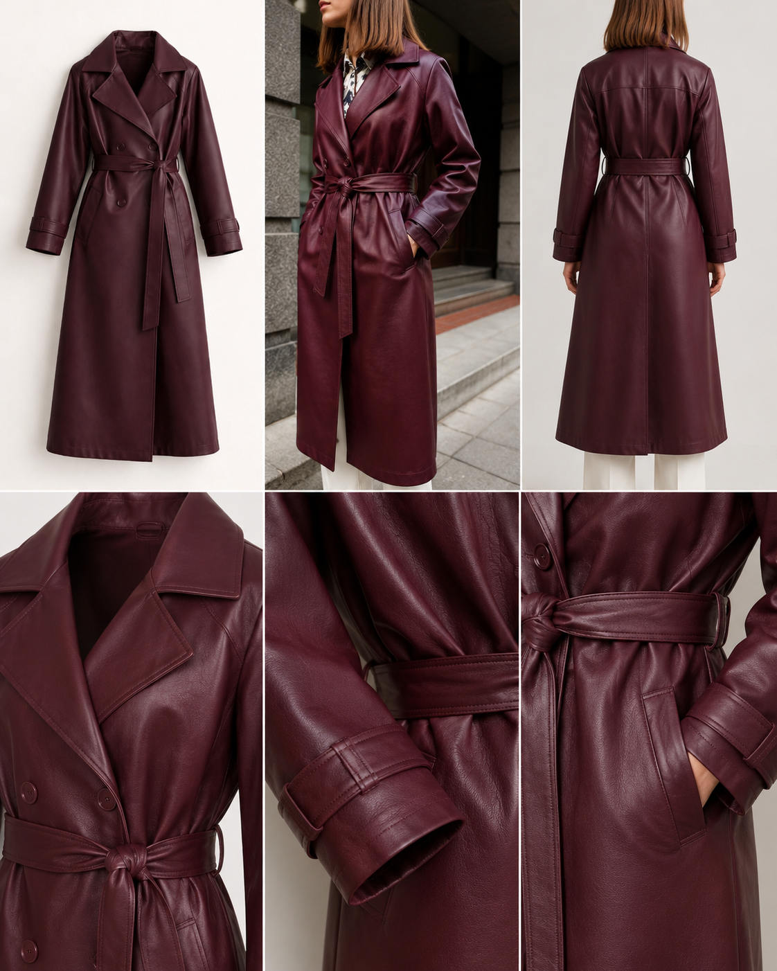 Lifestyle and detail views of the Women's Burgundy Long Leather Trench Coat featuring front, back, collar, waist belt, sleeve, and pocket details by Athletic Line Industries.