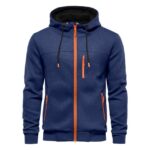Men's navy blue performance zip-up hoodie with orange contrast zippers, chest zip pocket, two side zip pockets, and black hood lining - Athletic Line sportswear