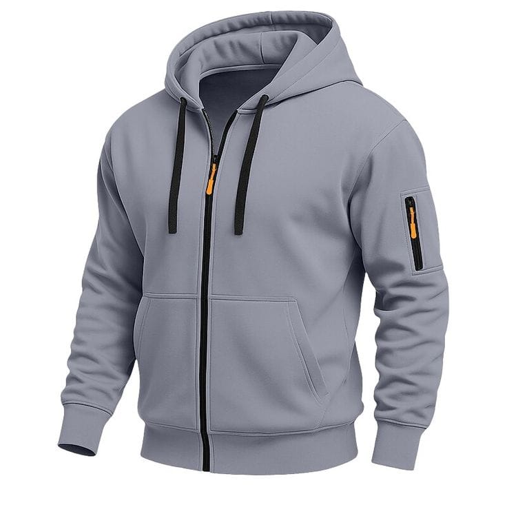 Men's grey athletic zip-up hoodie with hood, black zipper with orange pull, sleeve zip pocket, and kangaroo pockets - Athletic Line sportswear