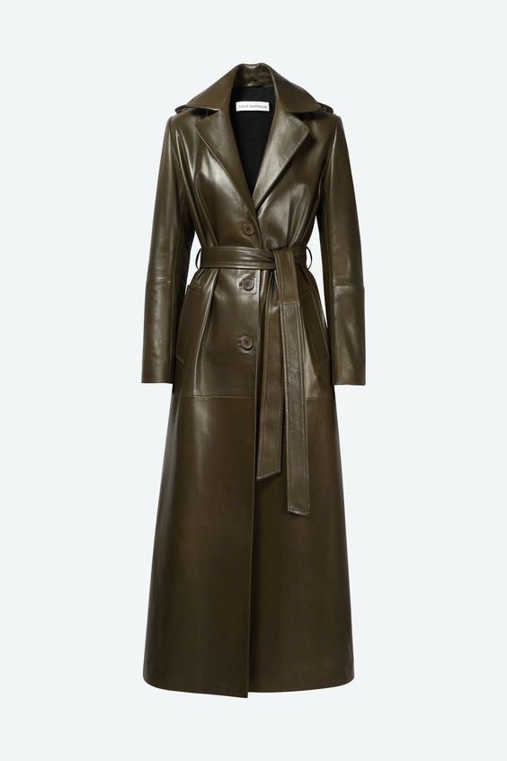 Women's Olive Green Long Leather Trench Coat with Belt by Athletic Line Industries