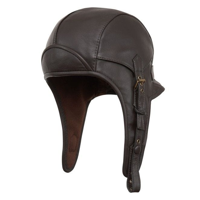 Premium brown leather aviator pilot hat with ear flaps and adjustable chin strap.
