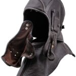 Premium black leather aviator winter hat with detachable face mask and extended neck protection.