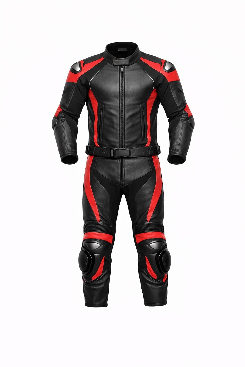 Men's Black and Red Motorcycle Leather Racing Suit with CE Protective Armor