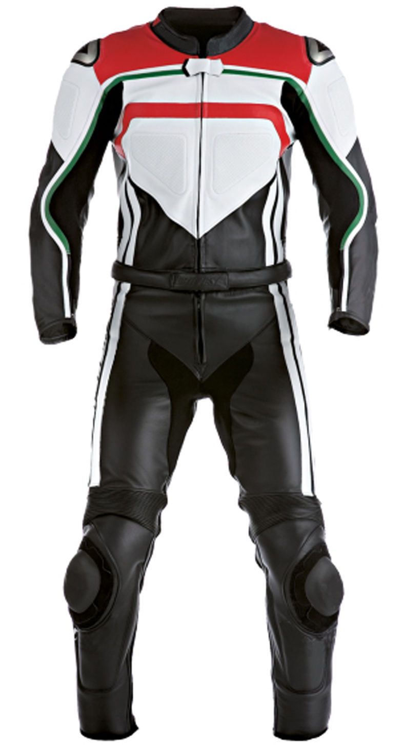 Men's Black White and Red One Piece Motorcycle Leather Racing Suit with CE Protective Armor