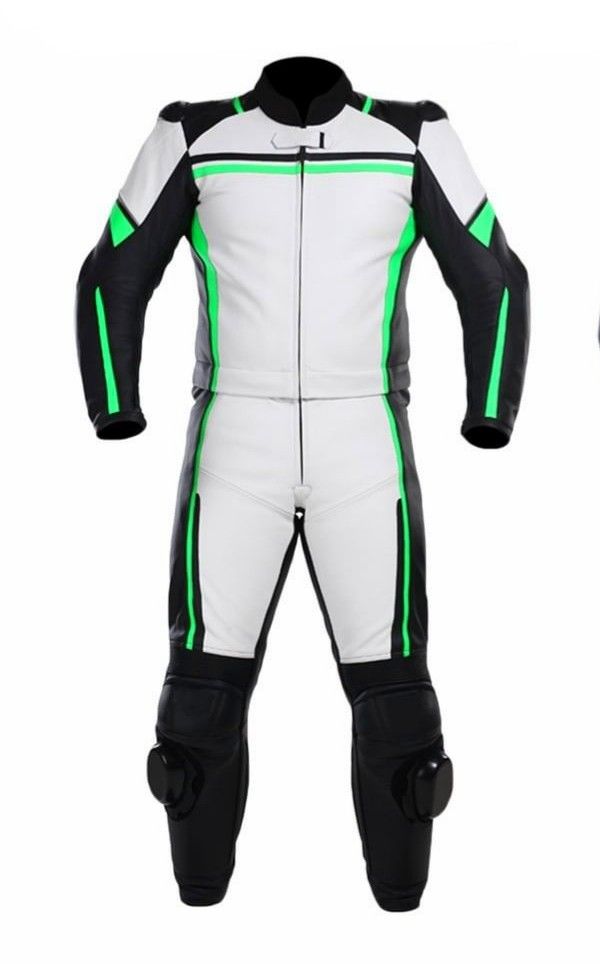 Men's White Black and Green One Piece Motorcycle Leather Racing Suit with CE Protective Armor