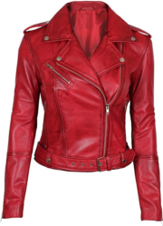Women's Red Biker Leather Jacket with Adjustable Belt and Asymmetrical Zipper