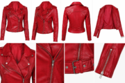 Women's Red Biker Leather Jacket with Adjustable Belt and Asymmetrical Zipper