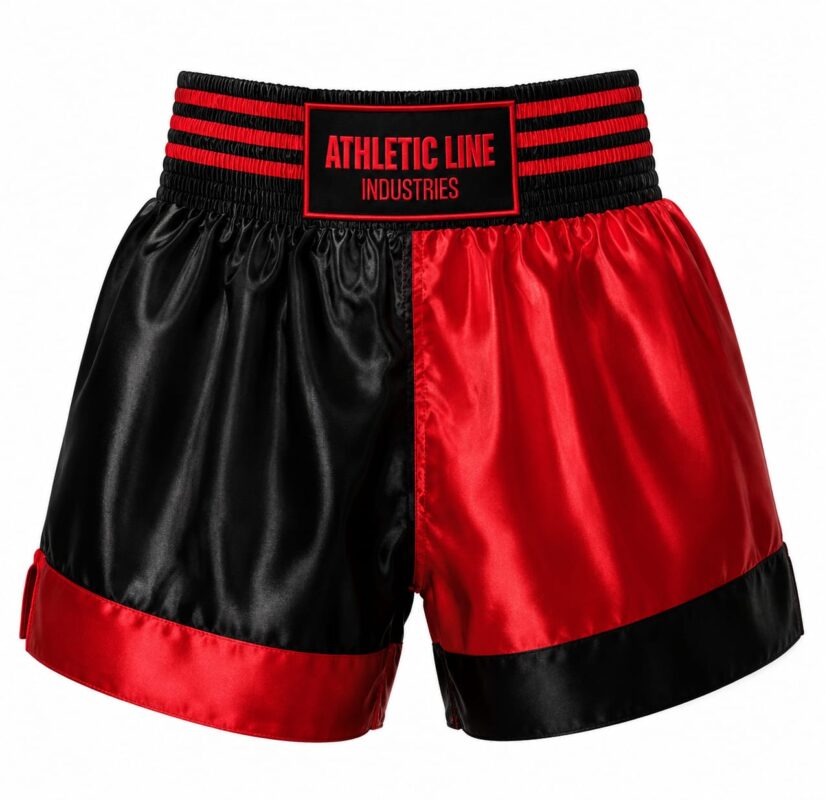 Red and Black Satin Boxing Shorts with Wide Elastic Waistband by Athletic Line Industries