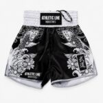 Black & White Dragon Muay Thai Shorts with custom sublimation design by Athletic Line Industries