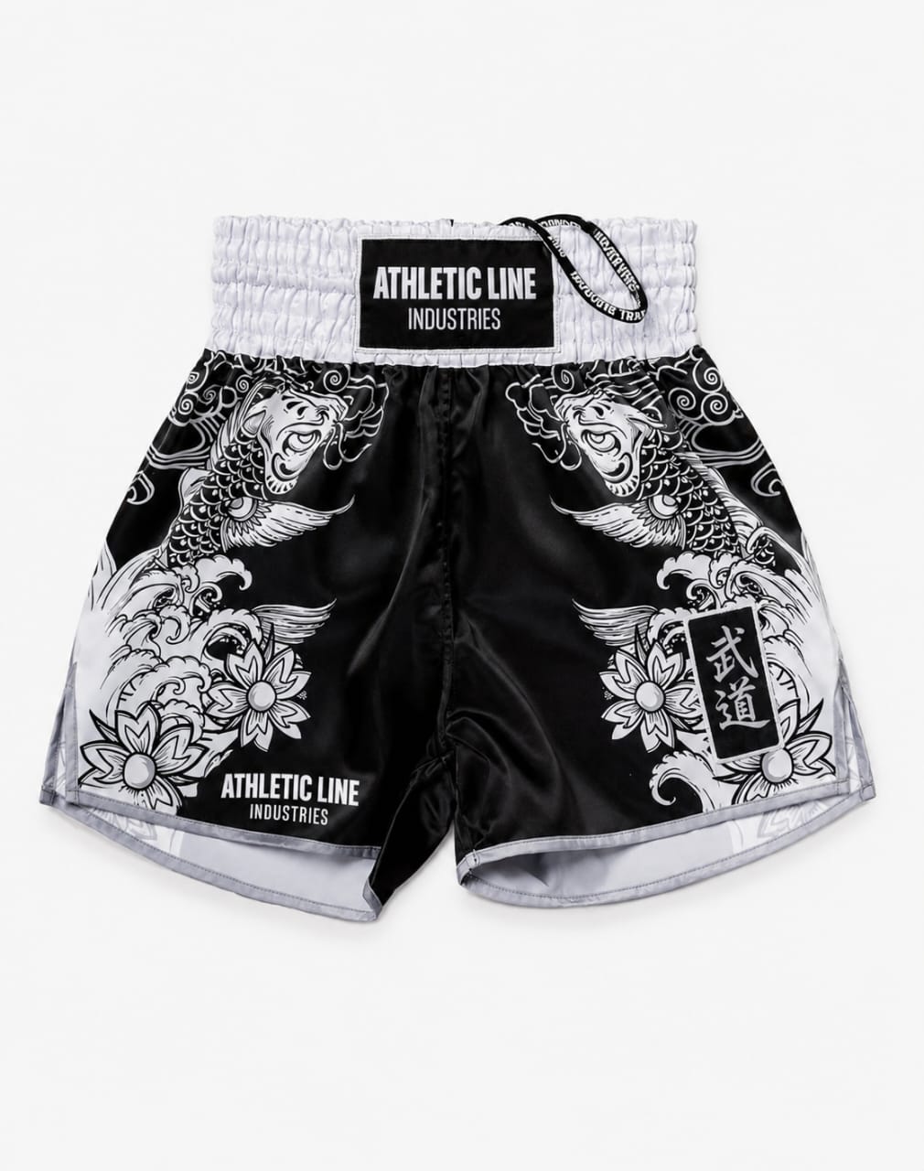Black & White Dragon Muay Thai Shorts with custom sublimation design by Athletic Line Industries