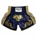 Custom Navy and Gold Muay Thai Boxing Shorts with Dragon Design