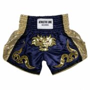 Custom Navy and Gold Muay Thai Boxing Shorts with Dragon Design