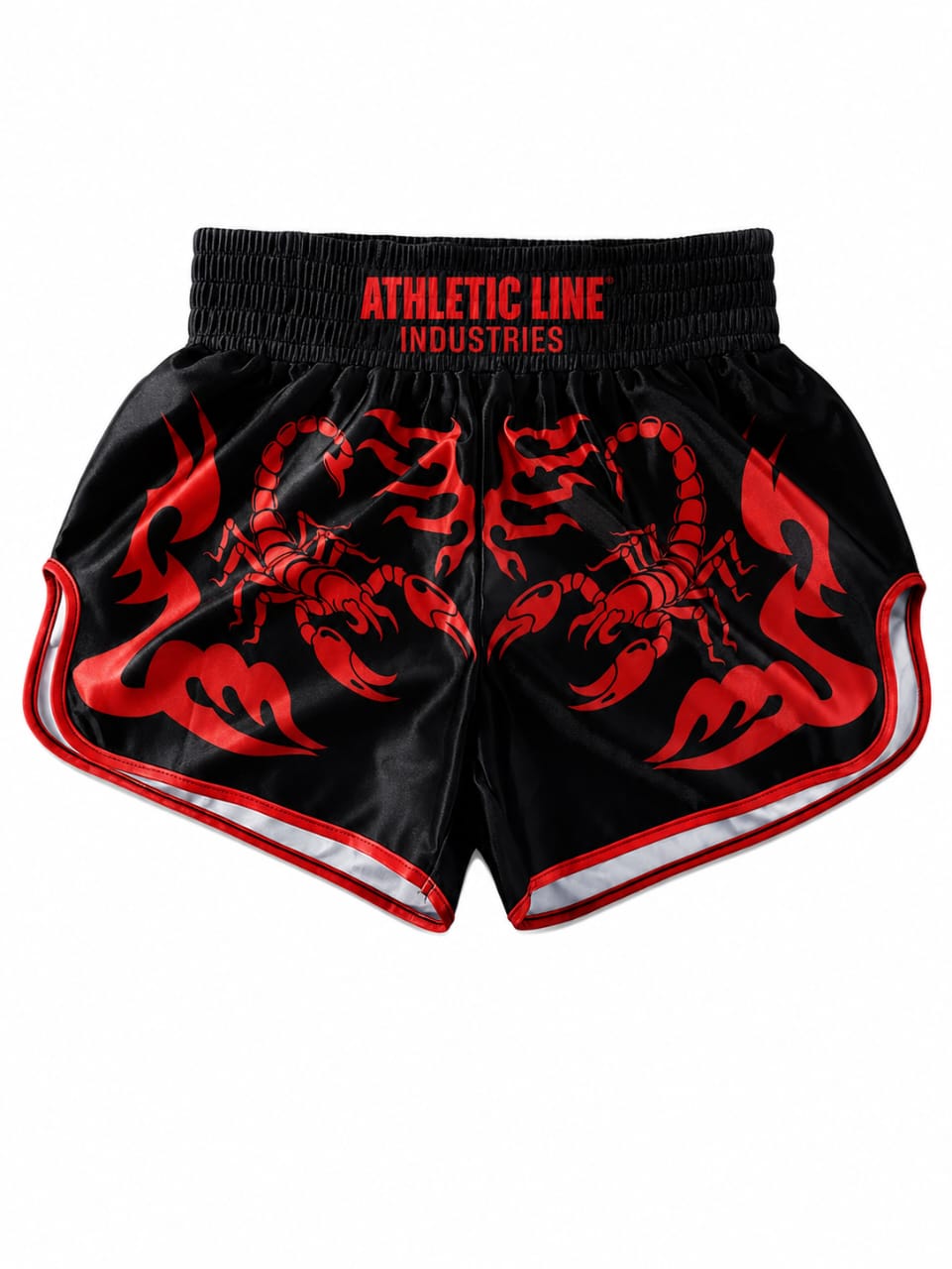 Black and Red Custom Muay Thai Shorts with Scorpion Design