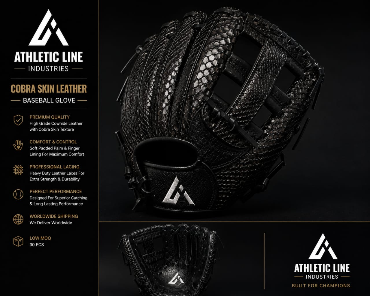 Cobra Snake Skin Leather Baseball Glove with Custom Logo | Athletic Line Industries