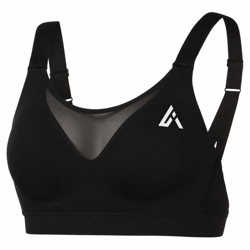 Women's black high support sports bra with mesh V-neck panel, adjustable straps, cross back design, and Athletic Line logo - Athletic Line activewear