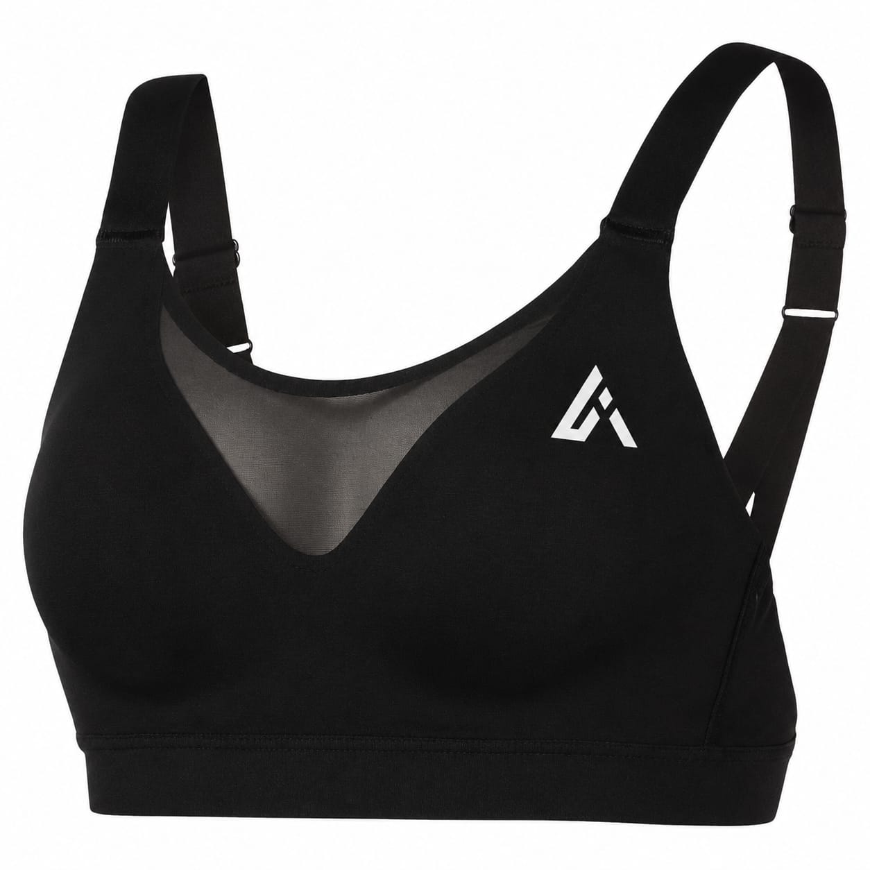 Women's black high support sports bra with mesh V-neck panel, adjustable straps, cross back design, and Athletic Line logo - Athletic Line activewear
