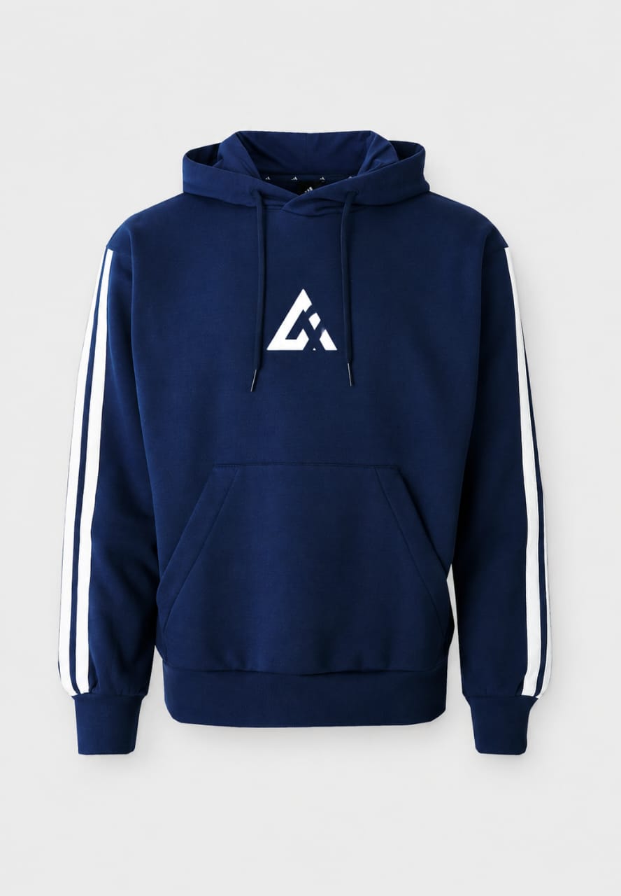 Athletic Line Navy Blue Sports Pullover Hoodie with White Logo and Sleeve Stripes