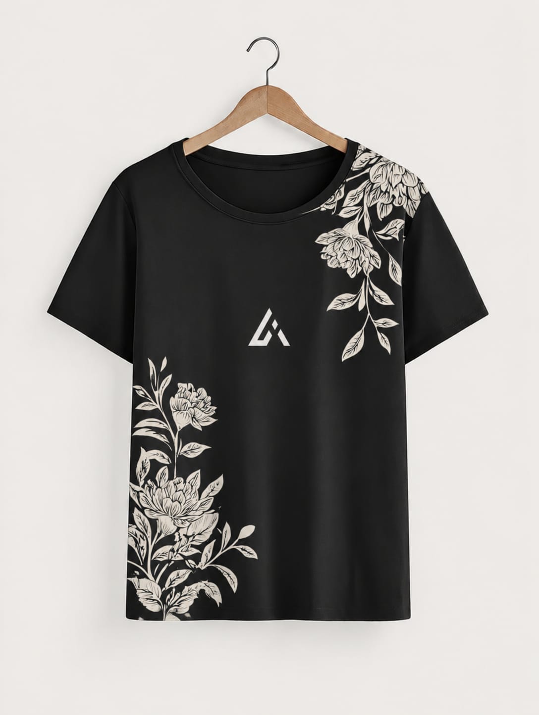 Women's Black Floral Graphic T-Shirt by Athletic Line with Elegant White Floral Design