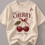 Women's cream cherry printed oversized t-shirt