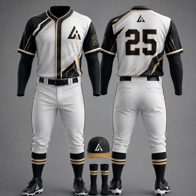 Custom black white gold baseball uniform set with jersey pants cap and socks