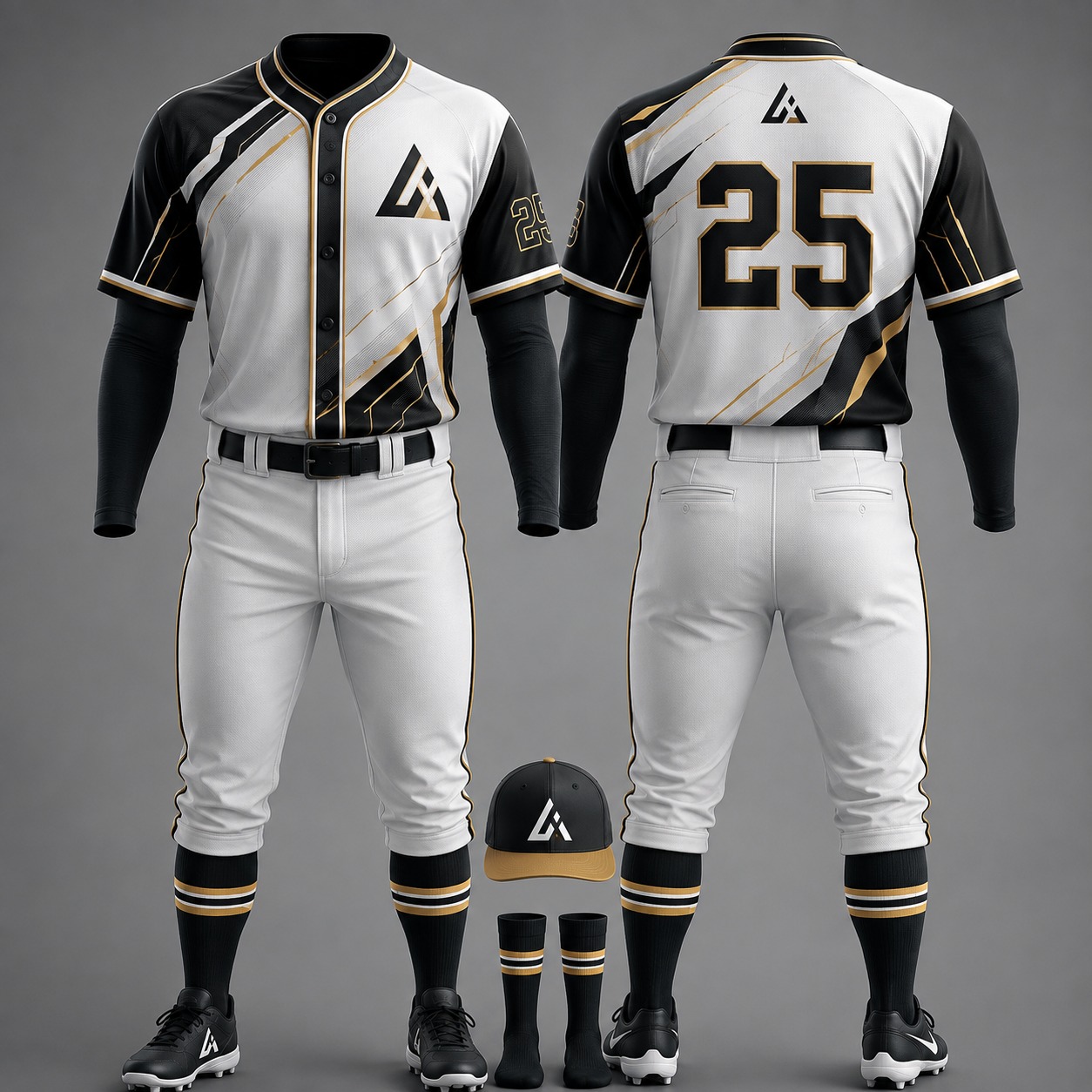 Custom black white gold baseball uniform set with jersey pants cap and socks