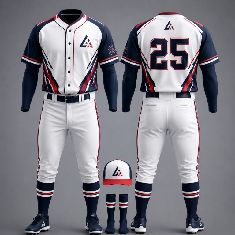 Custom navy blue white red baseball uniform set with jersey pants cap and socks