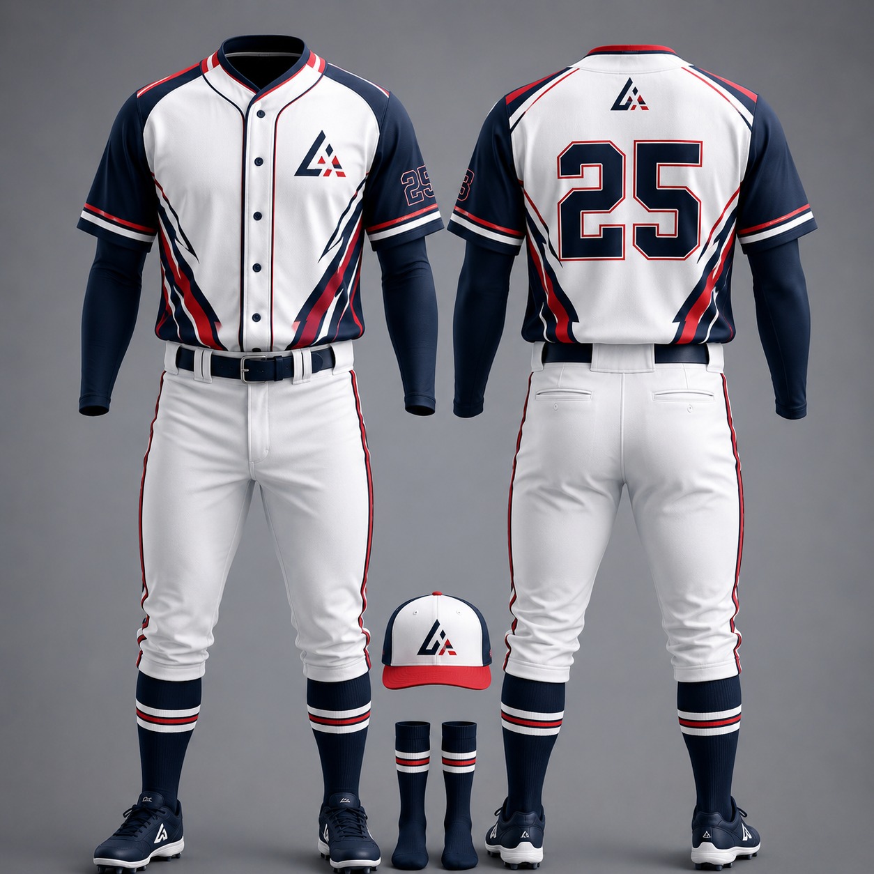 Custom navy blue white red baseball uniform set with jersey pants cap and socks
