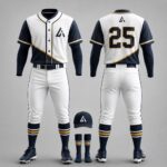 Custom white and navy sublimated baseball uniform with gold diagonal accent, matching pants, cap, and socks by Athletic Line Industries.