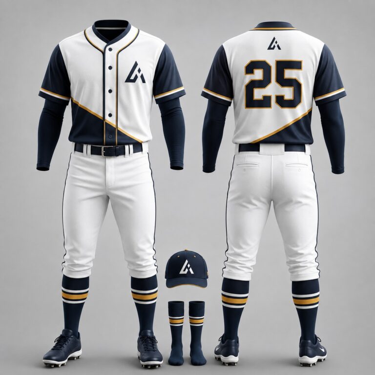 Custom white and navy sublimated baseball uniform with gold diagonal accent, matching pants, cap, and socks by Athletic Line Industries.