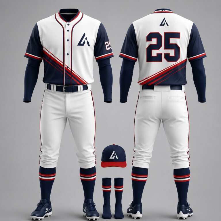 Custom white, navy, and red sublimated baseball uniform with diagonal stripe design, matching pants, cap, and socks by Athletic Line Industries.