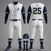 Custom white, navy, and red sublimated baseball uniform with diagonal stripe design, matching pants, cap, and socks by Athletic Line Industries.