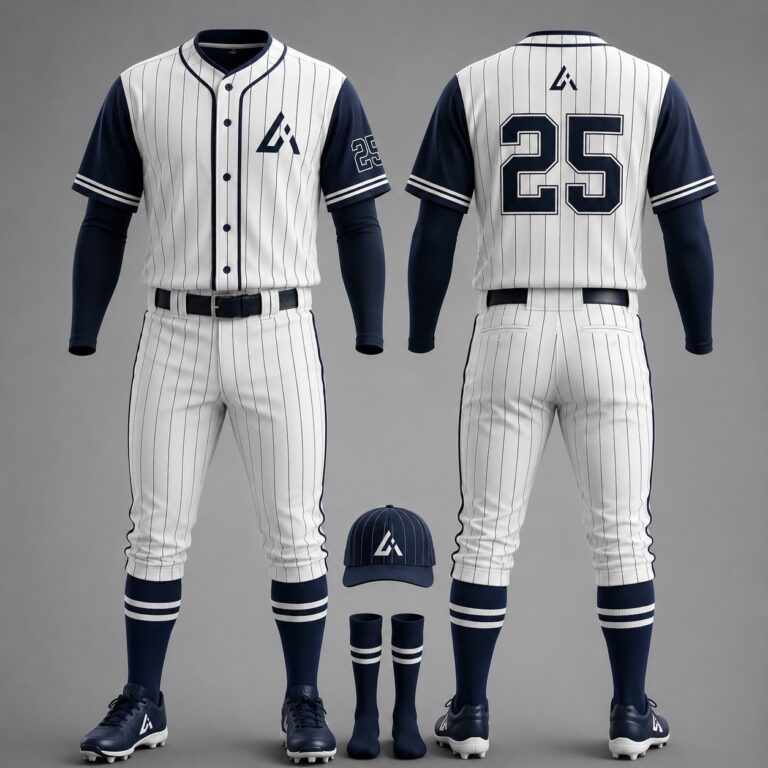 Custom white, navy, and red sublimated baseball uniform with diagonal stripe design, matching pants, cap, and socks by Athletic Line Industries.