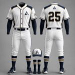 Custom white and navy sublimated baseball uniform with gold trim, matching pants, cap, and socks by Athletic Line Industries.
