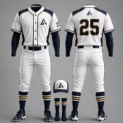 Custom white and navy sublimated baseball uniform with gold trim, matching pants, cap, and socks by Athletic Line Industries.