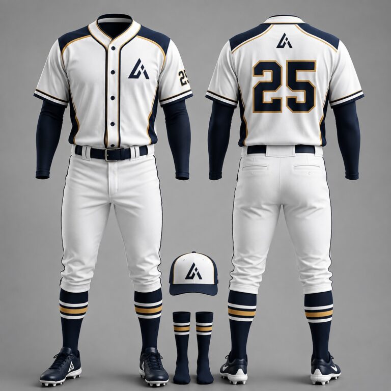 Custom white and navy sublimated baseball uniform with gold trim, matching pants, cap, and socks by Athletic Line Industries.